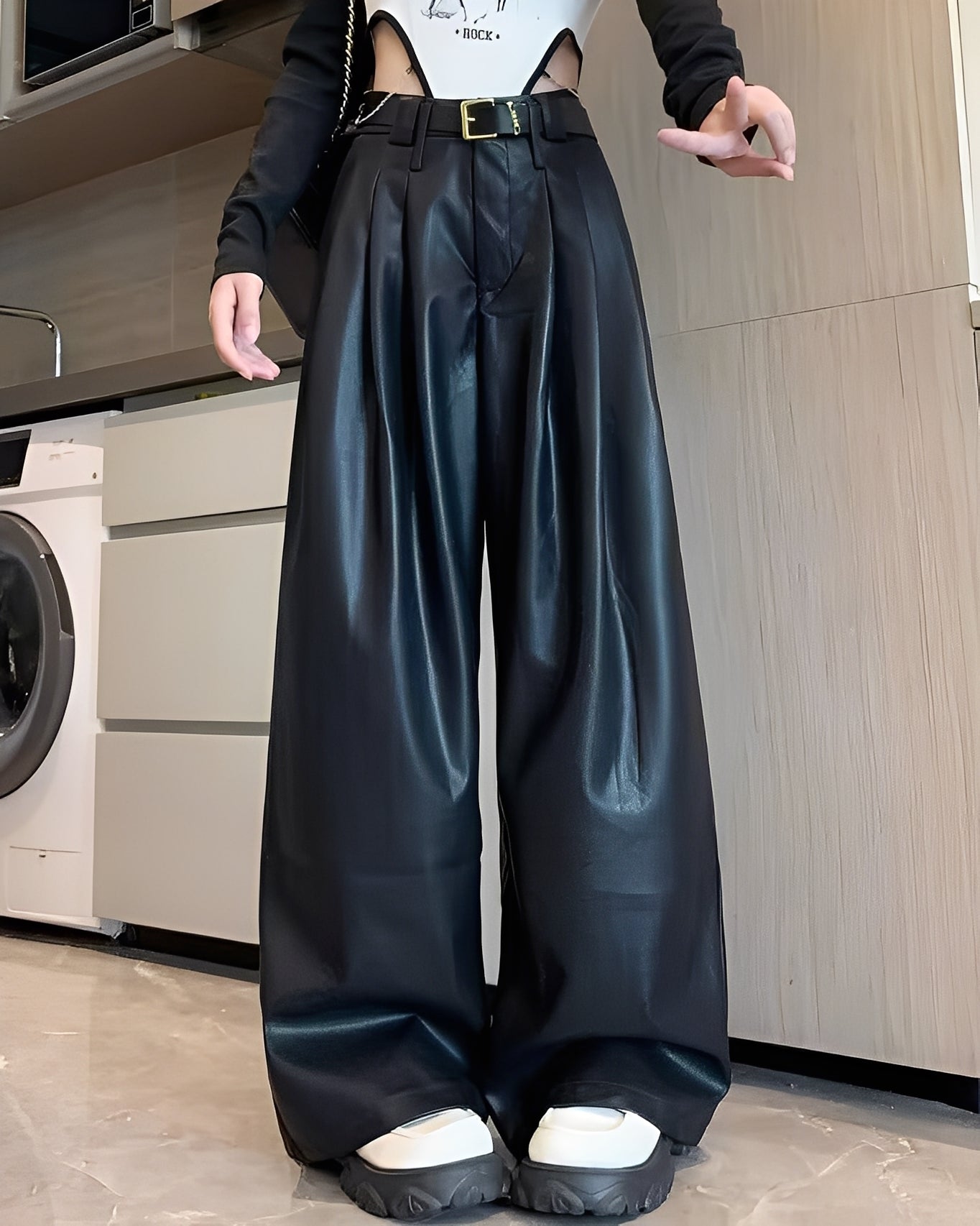 Lora - Pantaloni din piele clasici cu talie înaltă pentru femei