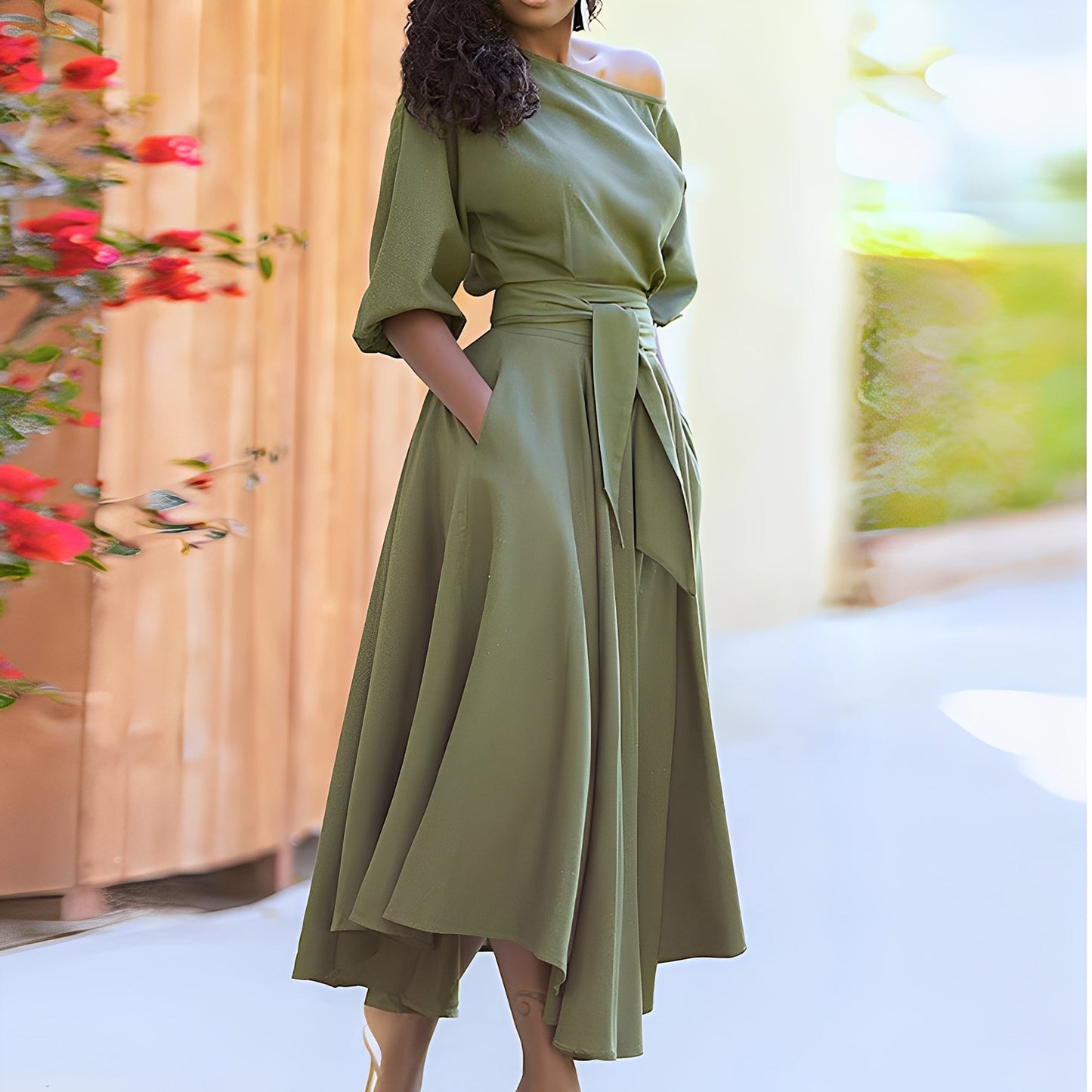 Dahlia - Rochie elegantă fără umeri cu curea pentru femei