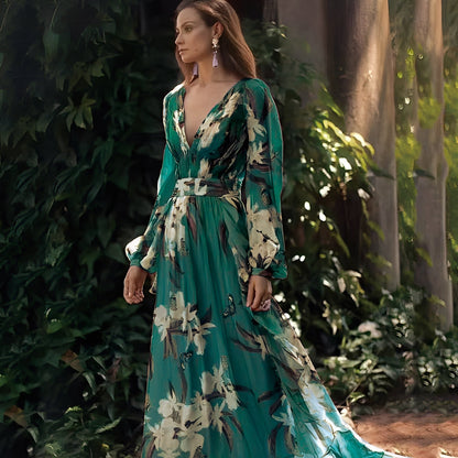 Karine - Rochie lungă sofisticată cu decolteu în V pentru femei