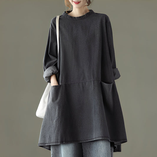Valerie - Rochie maxi casual din denim cu buzunare pentru femei
