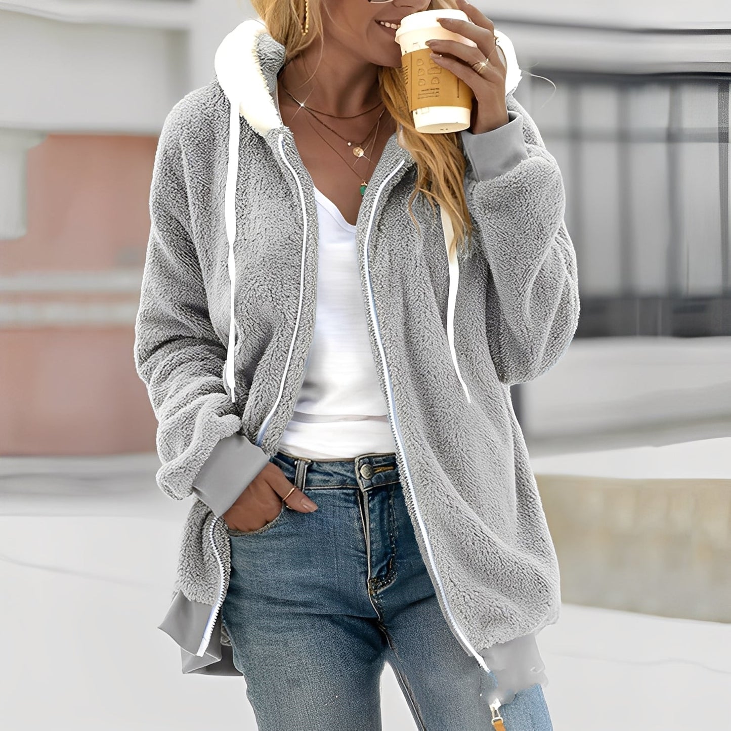 Rheanna - Jachetă caldă din polar cu glugă pentru femei