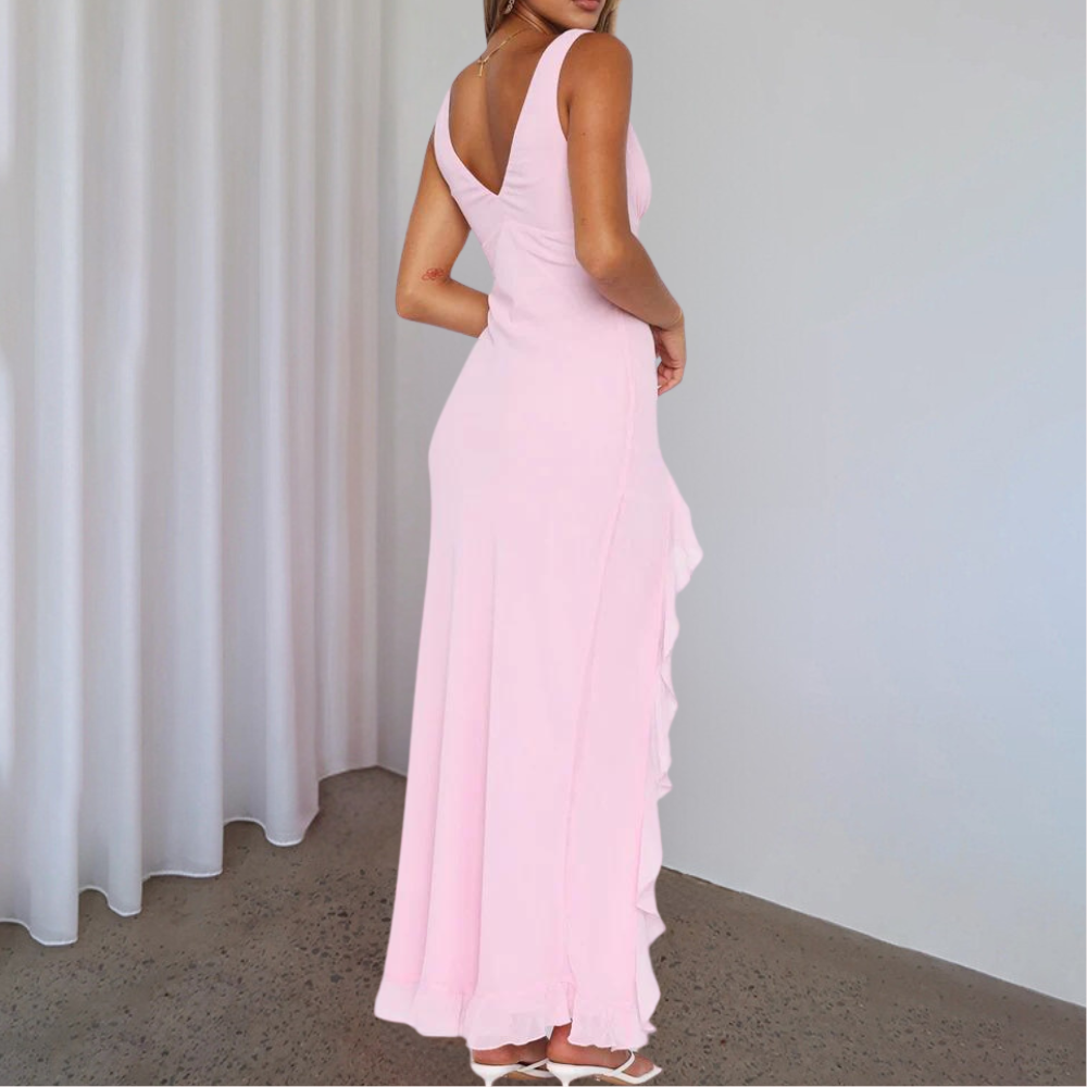 Elisheva - Rochie Maxi Elegantă cu Decolteu în V, Asimetrică