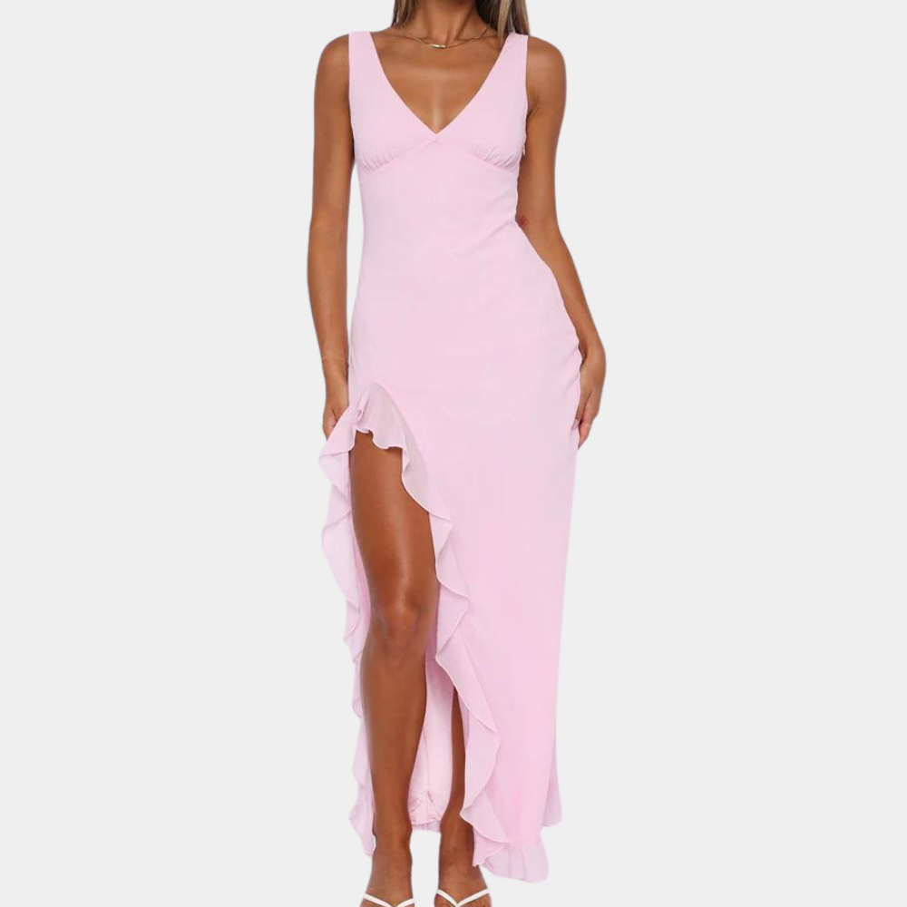 Elisheva - Rochie Maxi Elegantă cu Decolteu în V, Asimetrică