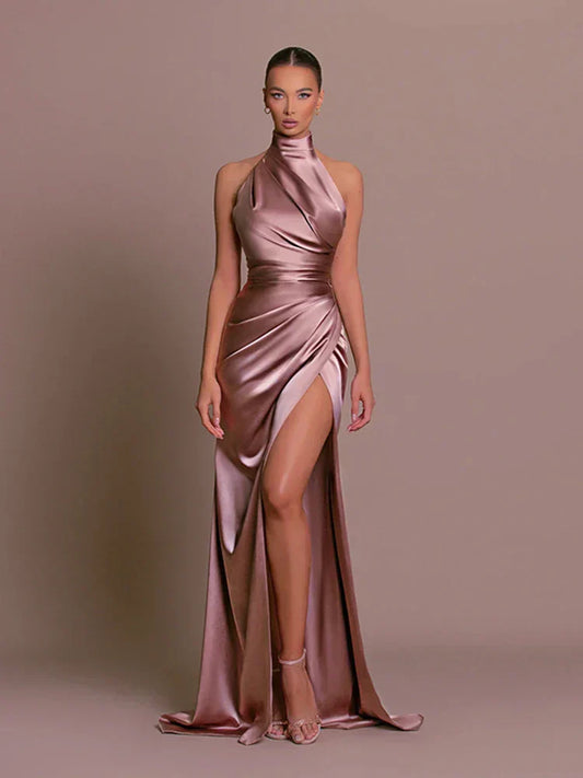 Avigail - Elegantă Rochie de Seară din Satin, Deschizătură Înaltă