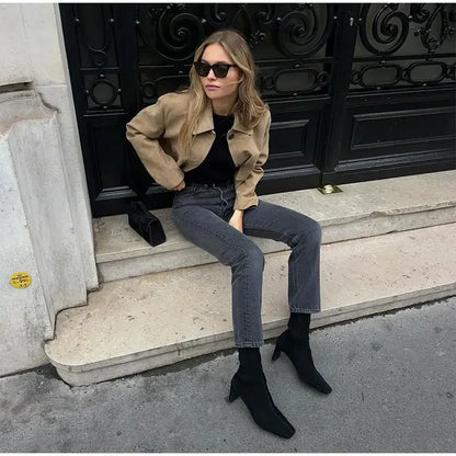 Lena – Jachetă scurtă din piele întoarsă cu închidere cu nasturi