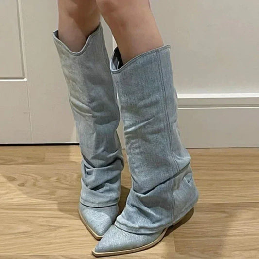 Estrid - Cizme până la genunchi din denim pentru femei