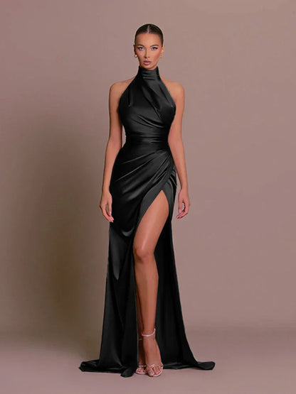 Avigail - Elegantă Rochie de Seară din Satin, Deschizătură Înaltă
