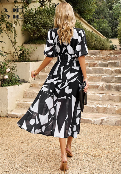 Precilla - Midi Rochie Elegantă Mâneca Puf-Floral-Șic