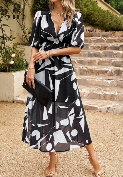 Precilla - Midi Rochie Elegantă Mâneca Puf-Floral-Șic