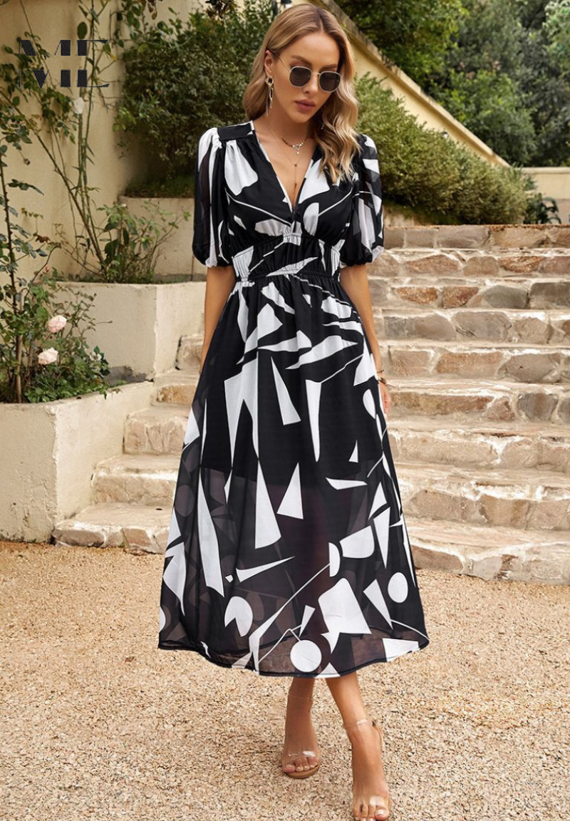 Precilla - Midi Rochie Elegantă Mâneca Puf-Floral-Șic