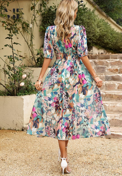 Precilla - Midi Rochie Elegantă Mâneca Puf-Floral-Șic