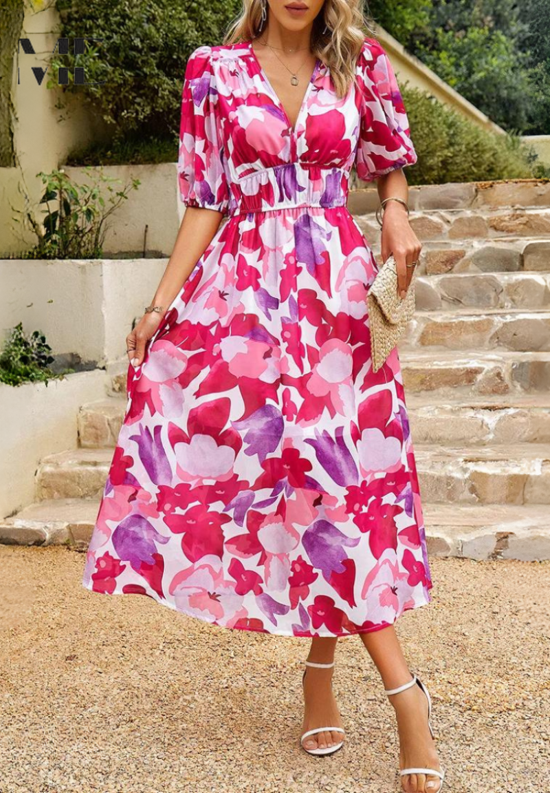 Precilla - Midi Rochie Elegantă Mâneca Puf-Floral-Șic