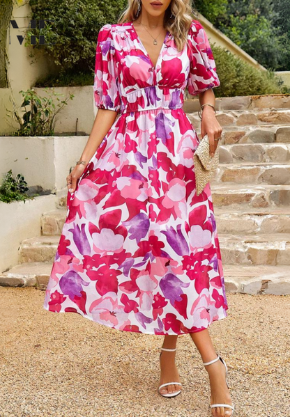 Precilla - Midi Rochie Elegantă Mâneca Puf-Floral-Șic