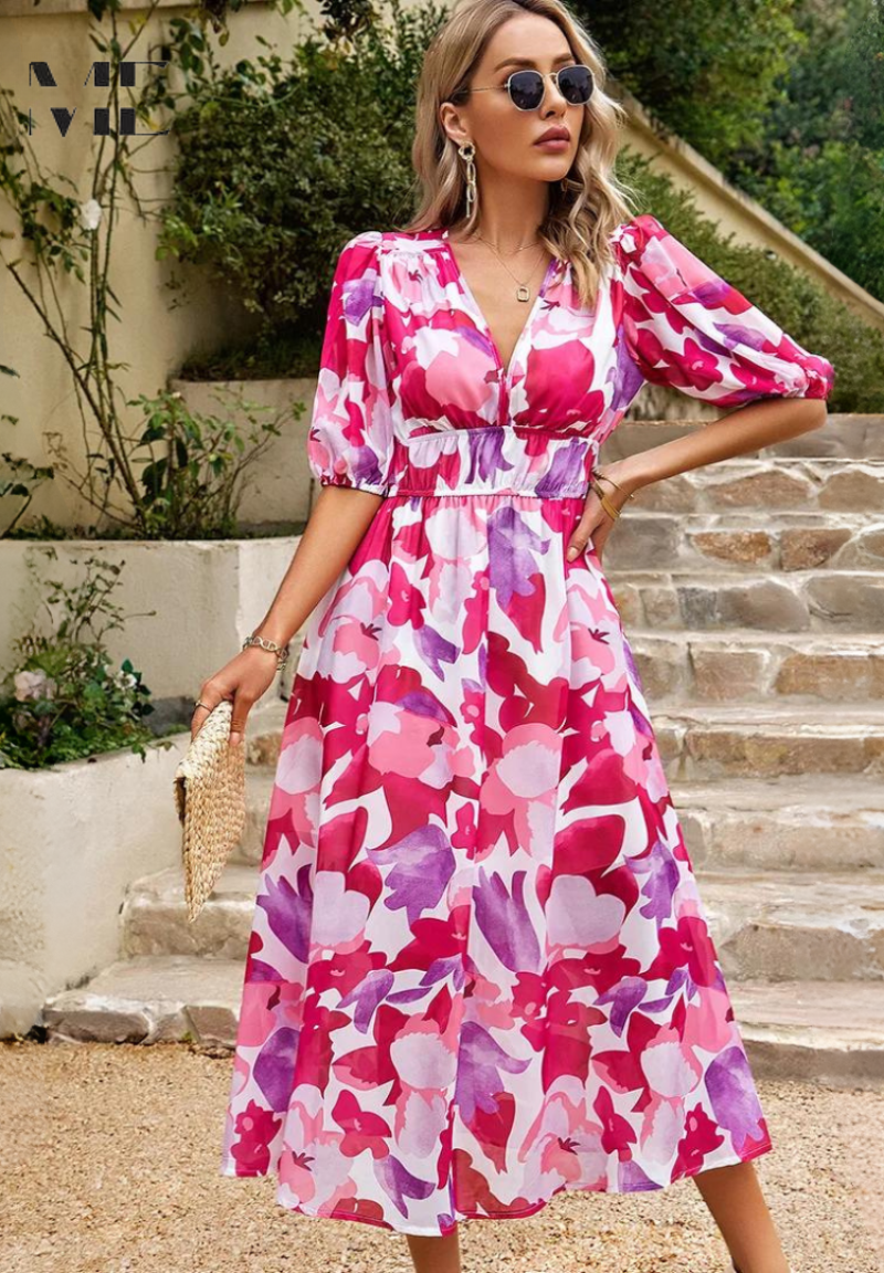 Precilla - Midi Rochie Elegantă Mâneca Puf-Floral-Șic