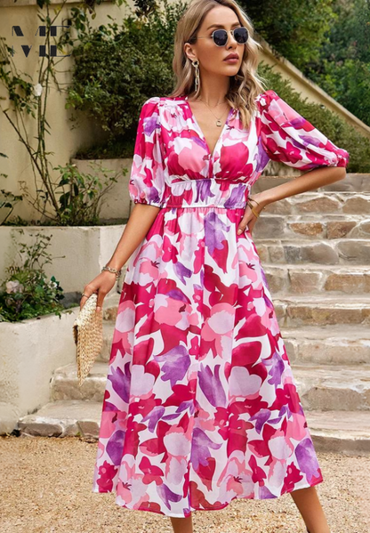 Precilla - Midi Rochie Elegantă Mâneca Puf-Floral-Șic