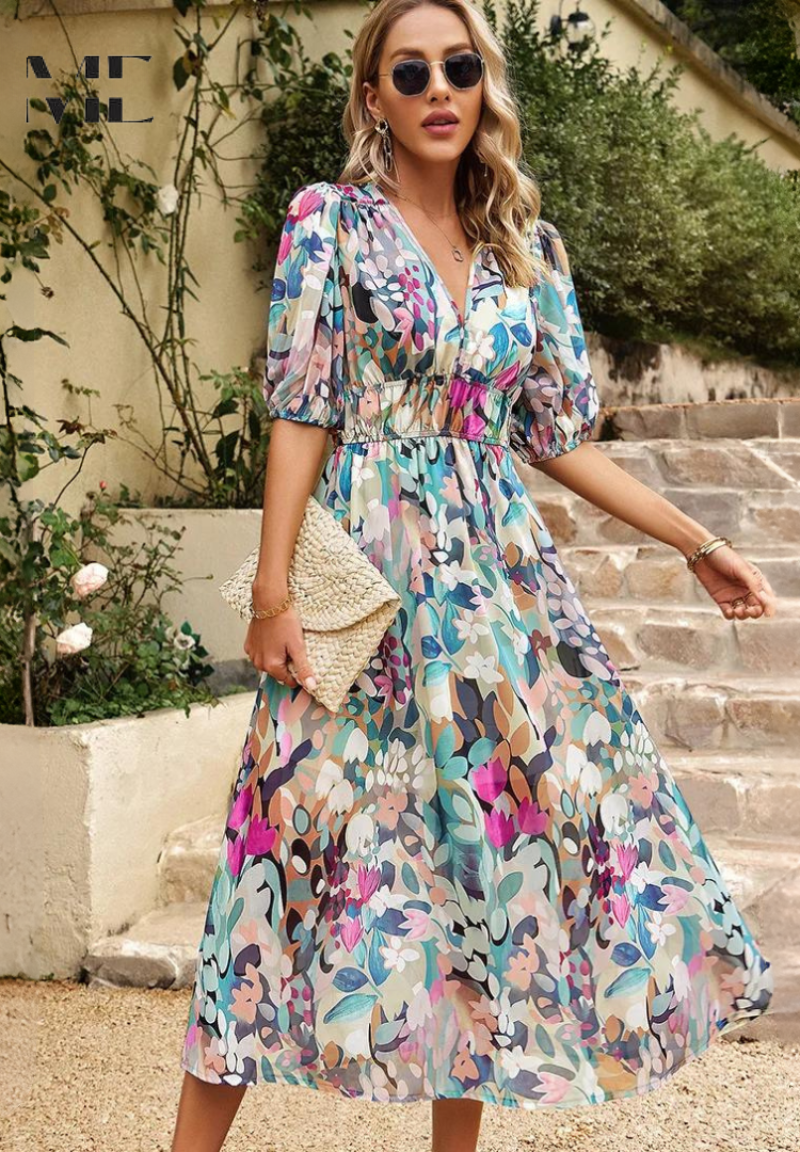 Precilla - Midi Rochie Elegantă Mâneca Puf-Floral-Șic
