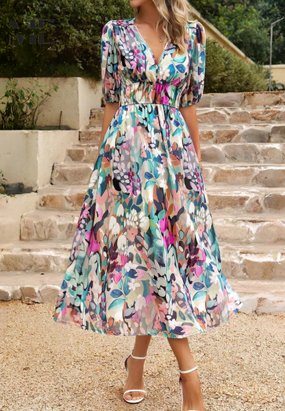Precilla - Midi Rochie Elegantă Mâneca Puf-Floral-Șic