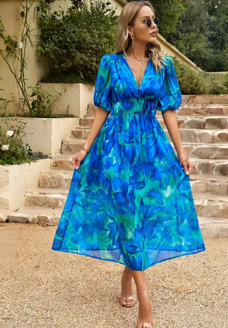 Precilla - Midi Rochie Elegantă Mâneca Puf-Floral-Șic
