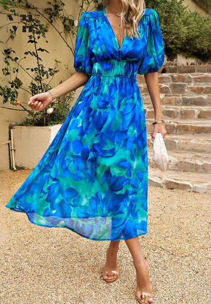 Precilla - Midi Rochie Elegantă Mâneca Puf-Floral-Șic