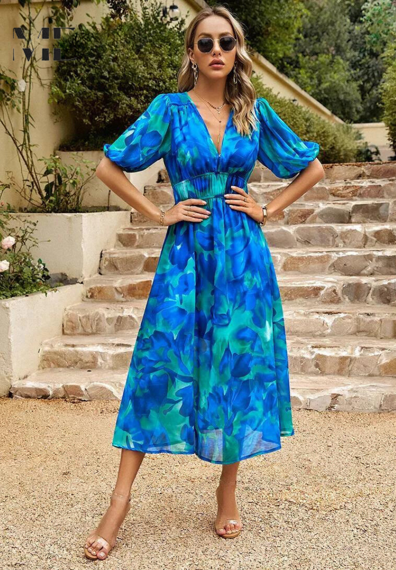 Precilla - Midi Rochie Elegantă Mâneca Puf-Floral-Șic