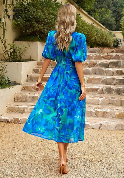 Precilla - Midi Rochie Elegantă Mâneca Puf-Floral-Șic