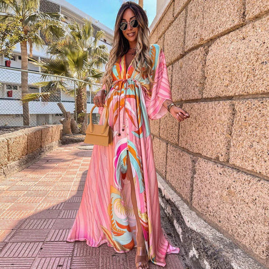 Romina – Rochie Maxi Fluidă cu Curea în Talie