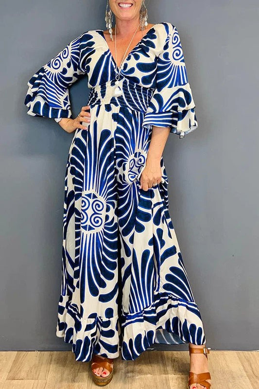 Elvira - Overall vintage cu model floral și mâneci cu volane