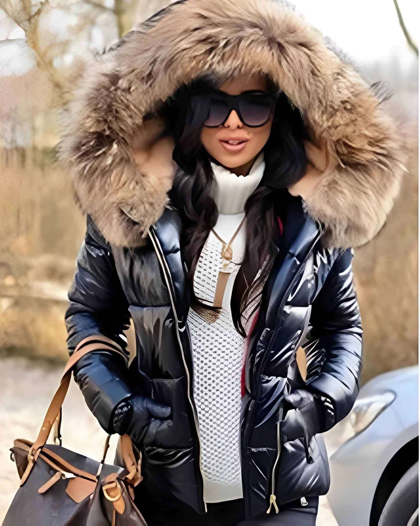 Jessica - Geacă lucioasă cu glugă pentru femei