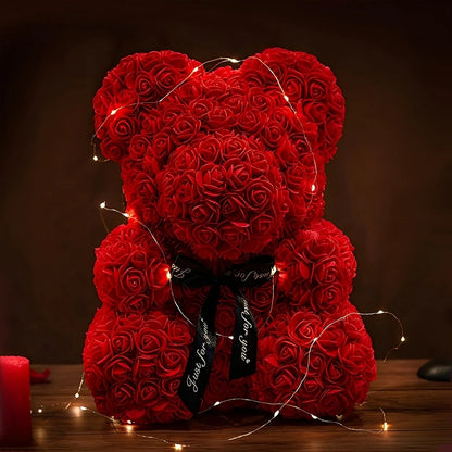 Teddie - Ursuleț romantic din trandafiri cu cutie cadou cu LED pentru Ziua Îndrăgostiților
