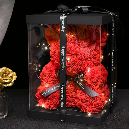 Teddie - Ursuleț romantic din trandafiri cu cutie cadou cu LED pentru Ziua Îndrăgostiților