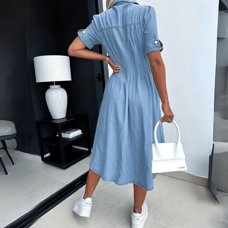 Harlee - Rochie din Denim Stilată în Lungime Midi pentru Femei
