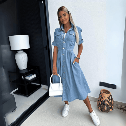 Harlee - Rochie din Denim Stilată în Lungime Midi pentru Femei